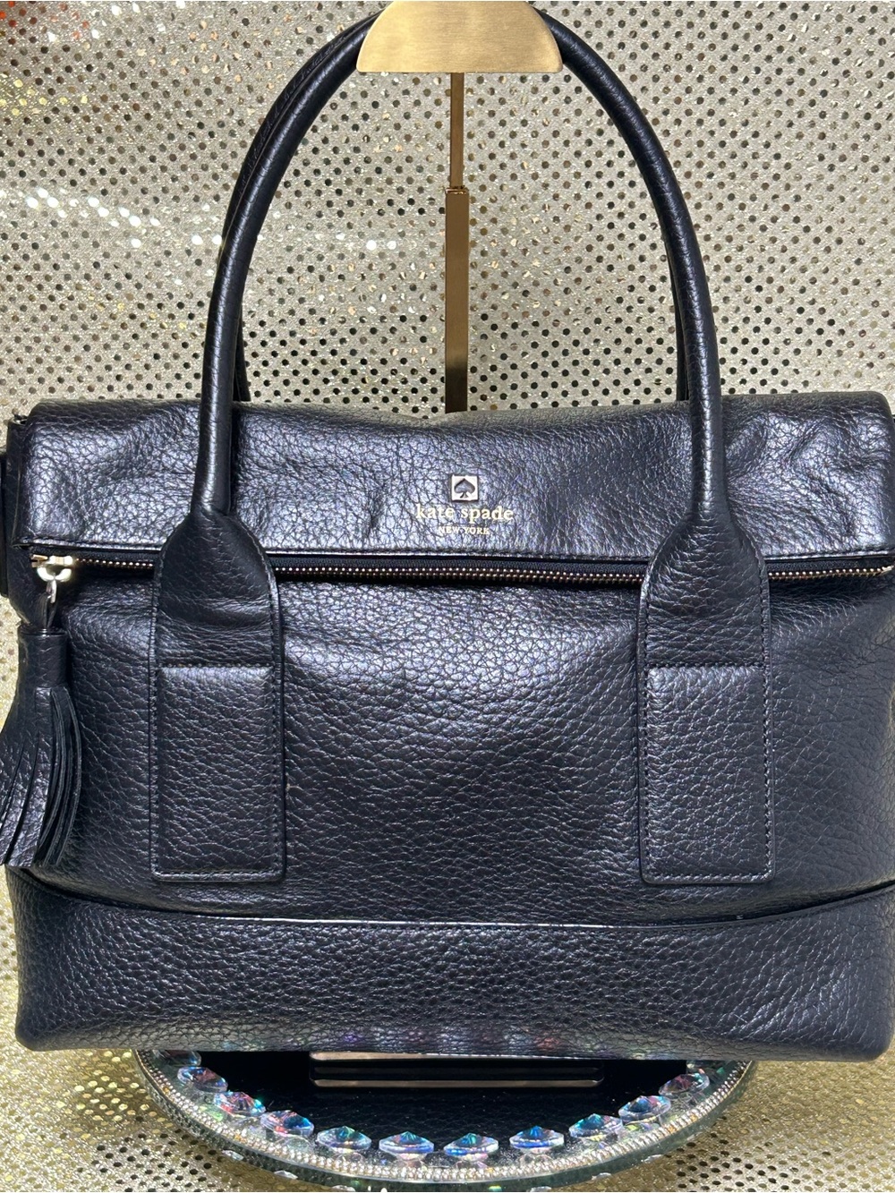kate spade Vintage Black Pebbled Leather Top-Handle Satchel Approx. 16 x 11 x 5